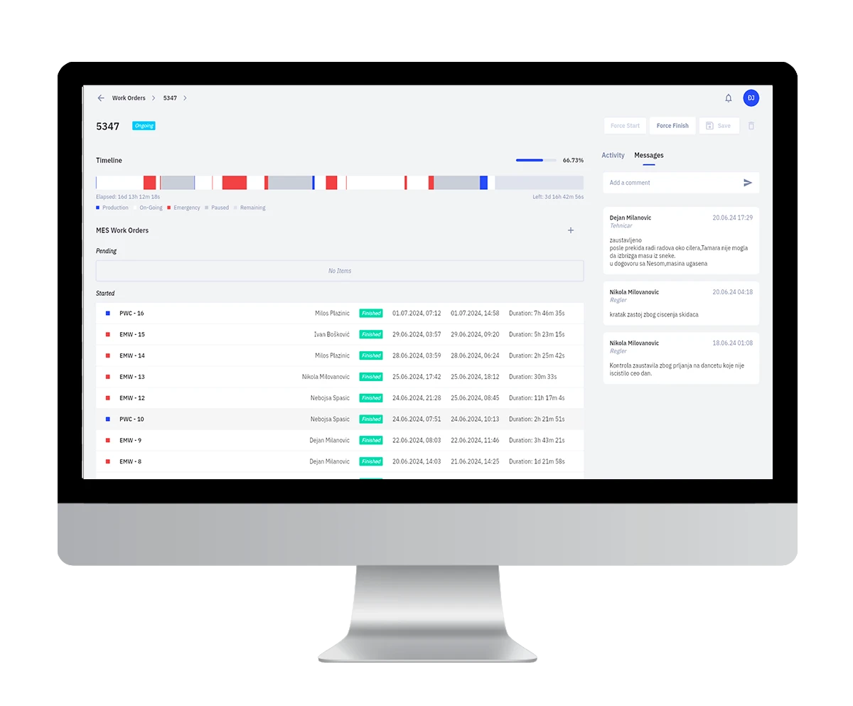 DigiPro work order detail with full activity history