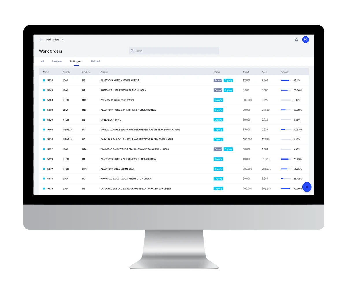 DigiPro desktop application showing the real-time work order list